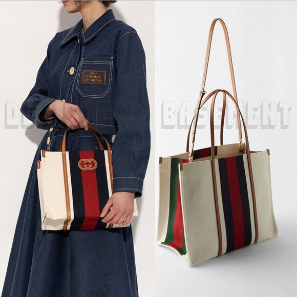 GUCCI white Canvas w/ cognac Leather Interlocking G WEB Medium Shopping Tote Bag - Picture 3 of 12